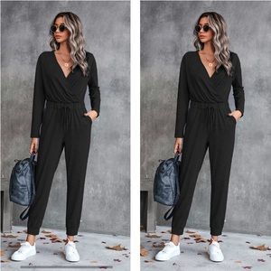 Black Long Sleeve Jumpsuit Drawstring Waist